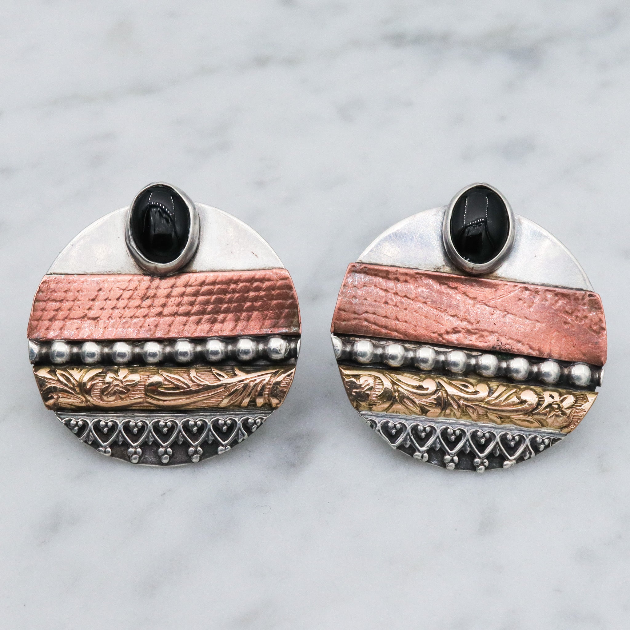 Retro sterling silver, copper & brass disc earrings with onyx, artist signed